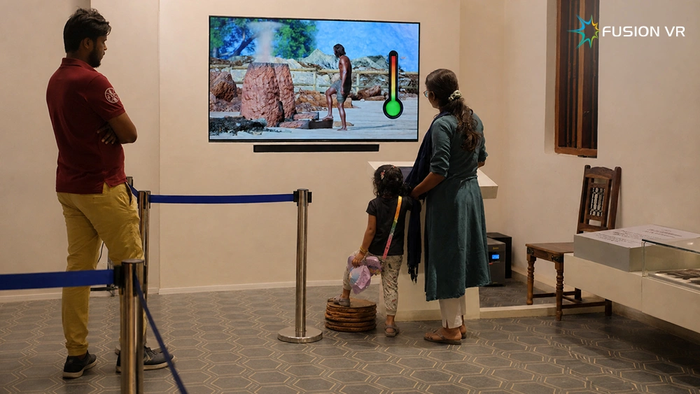 Interactive iron smelting exhibit with foot-operated bellows at Porunai Museum