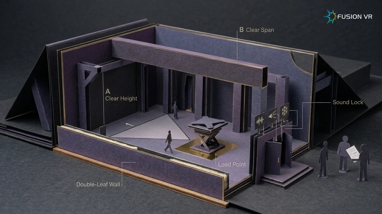 Architecture programme model annotated with clear height, clear span, load point, double-leaf wall and sound lock