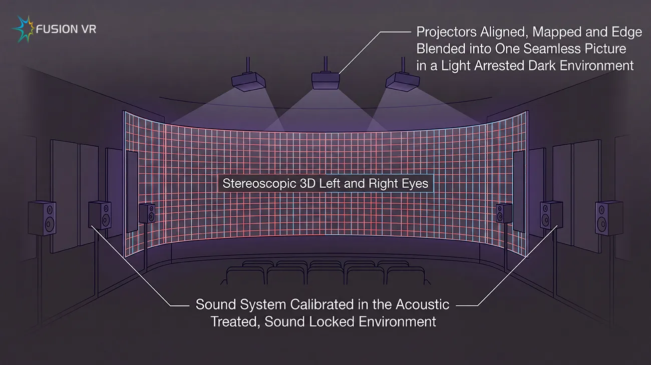 Wrap-around curved screen carrying red and cyan stereoscopic calibration grids with aligned projectors and surround speakers