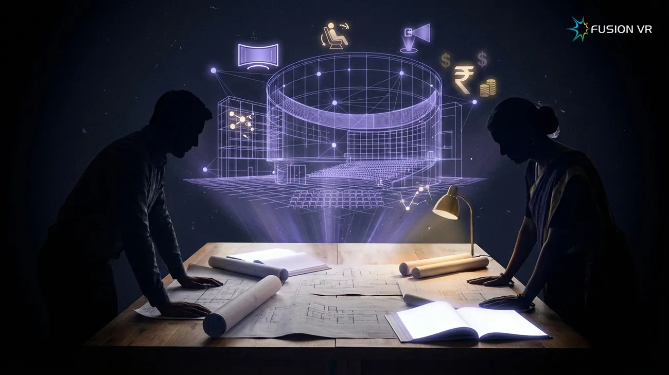 Practitioners drafting a digital museum DPR with the immersive theatre rising from the drawings