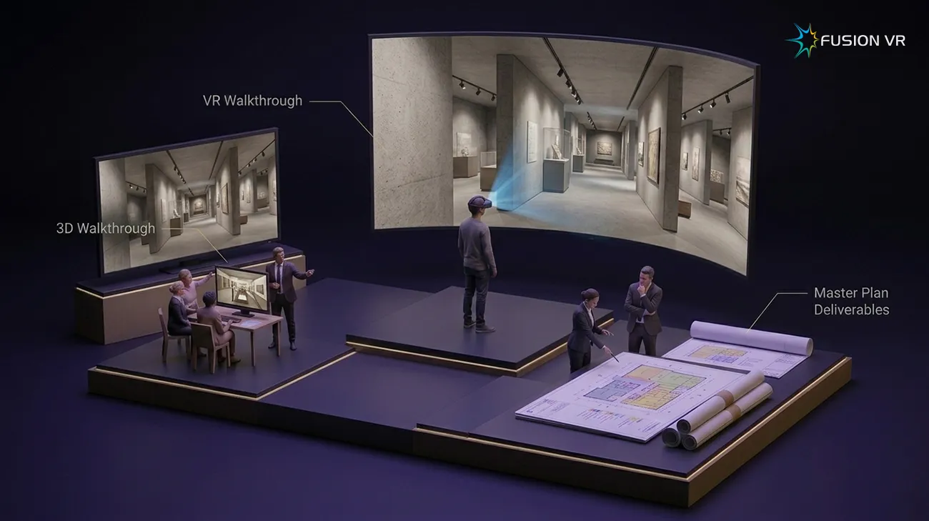 Committee walking the 3D walkthrough on screen while a decision maker stands inside the VR walkthrough at true scale