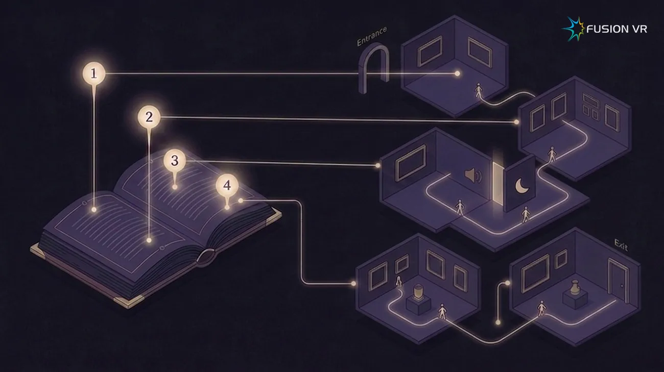 A storyline's chapters mapped one to one onto a digital museum's gallery sequence from Entrance to Exit