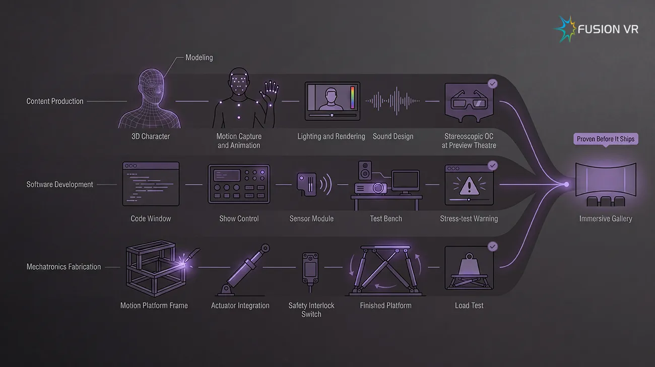 Three production tracks, content, software and mechatronics, converging into one proven immersive gallery