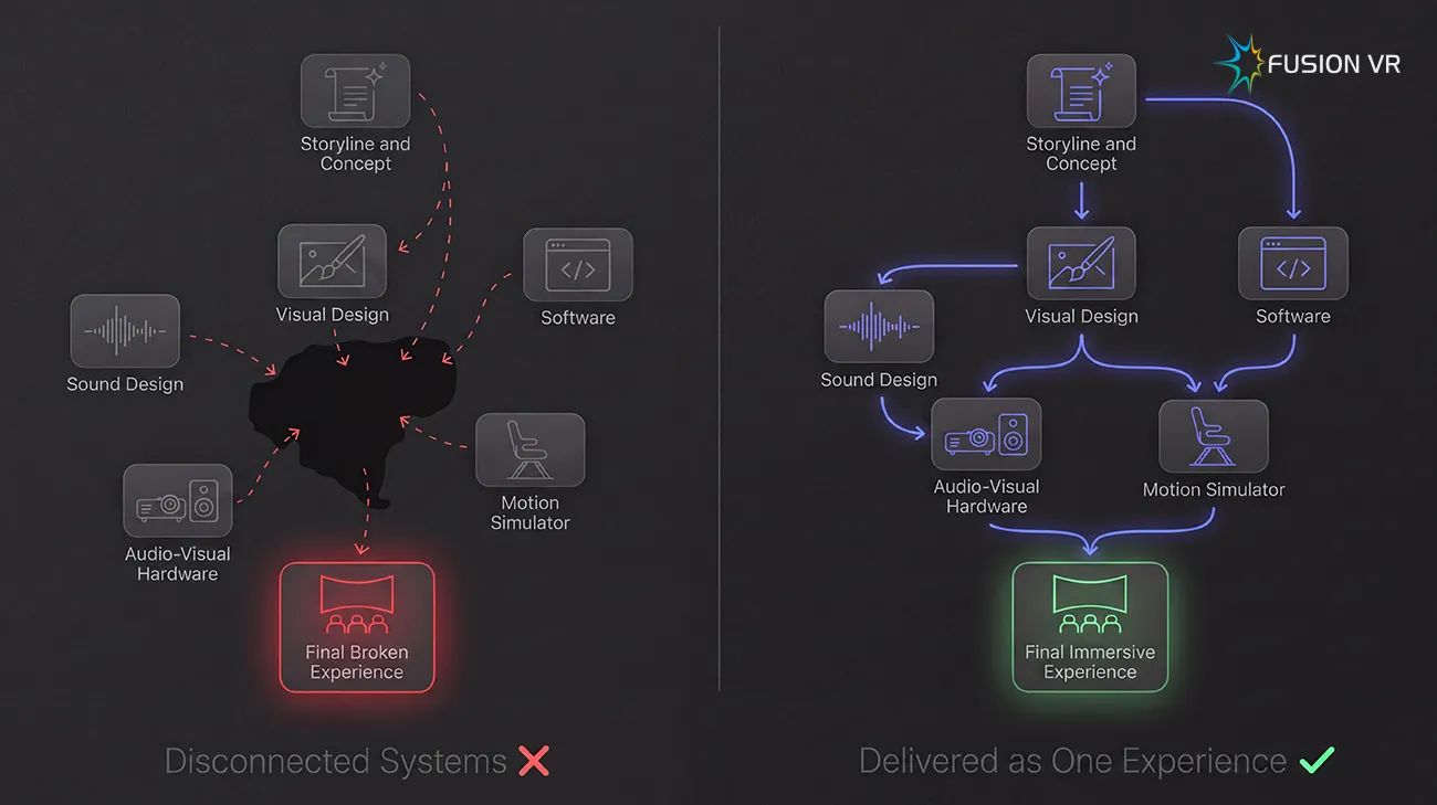 Disconnected systems producing a broken experience versus one integrated delivery producing the final immersive experience