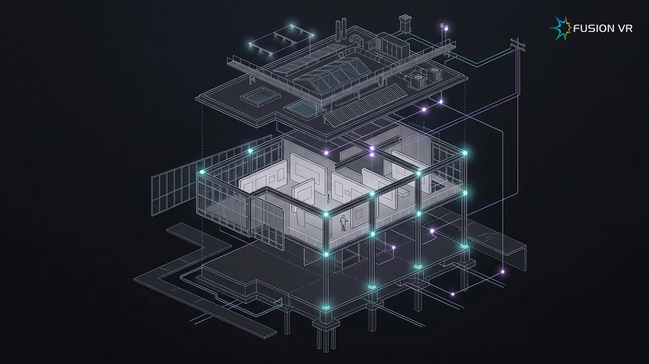 Isometric assessment of a digital museum building showing structure, services, power and access