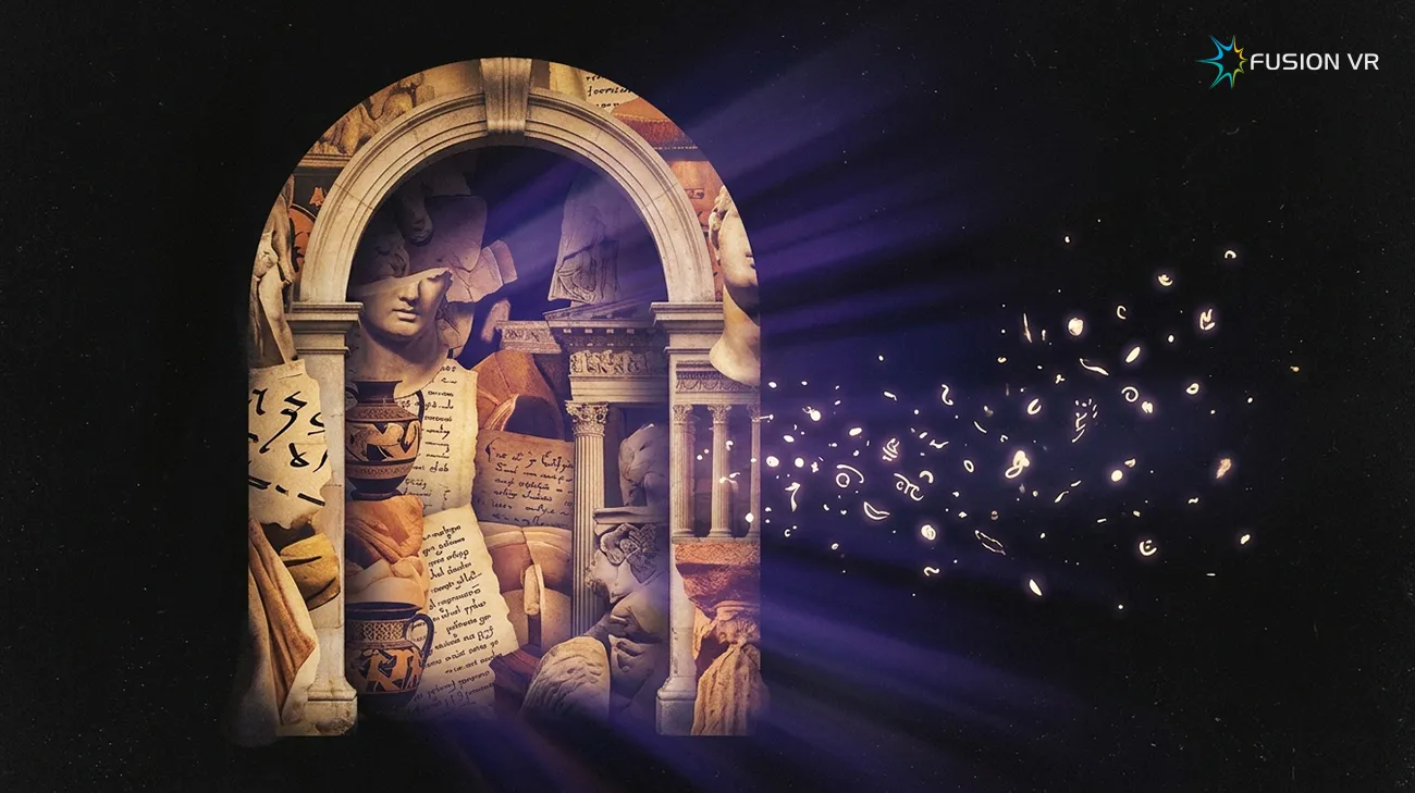Heritage manuscripts, artefacts and sculpture transforming into immersive digital museum light
