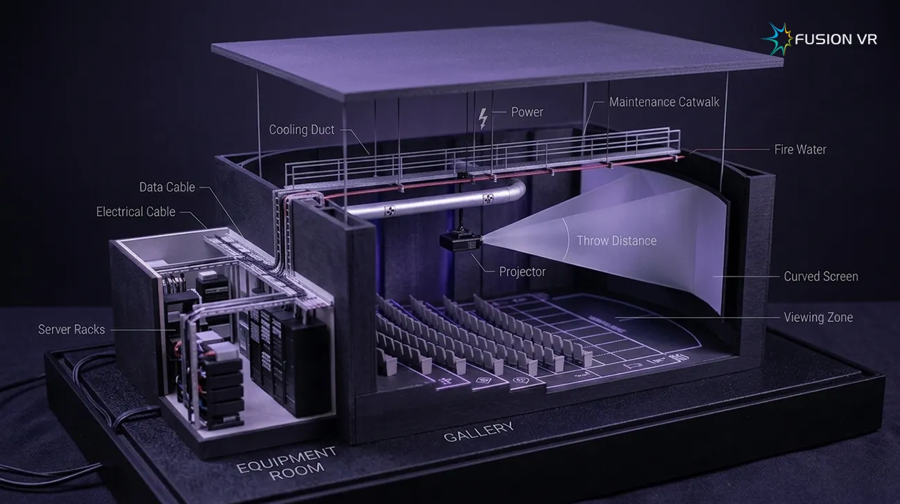 Digital museum gallery model with projector, throw distance, screen, viewing zone and equipment room annotated