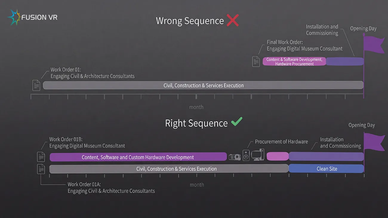 Two project timelines comparing the wrong sequence, the digital museum consultant engaged last, with the right sequence, engaged first