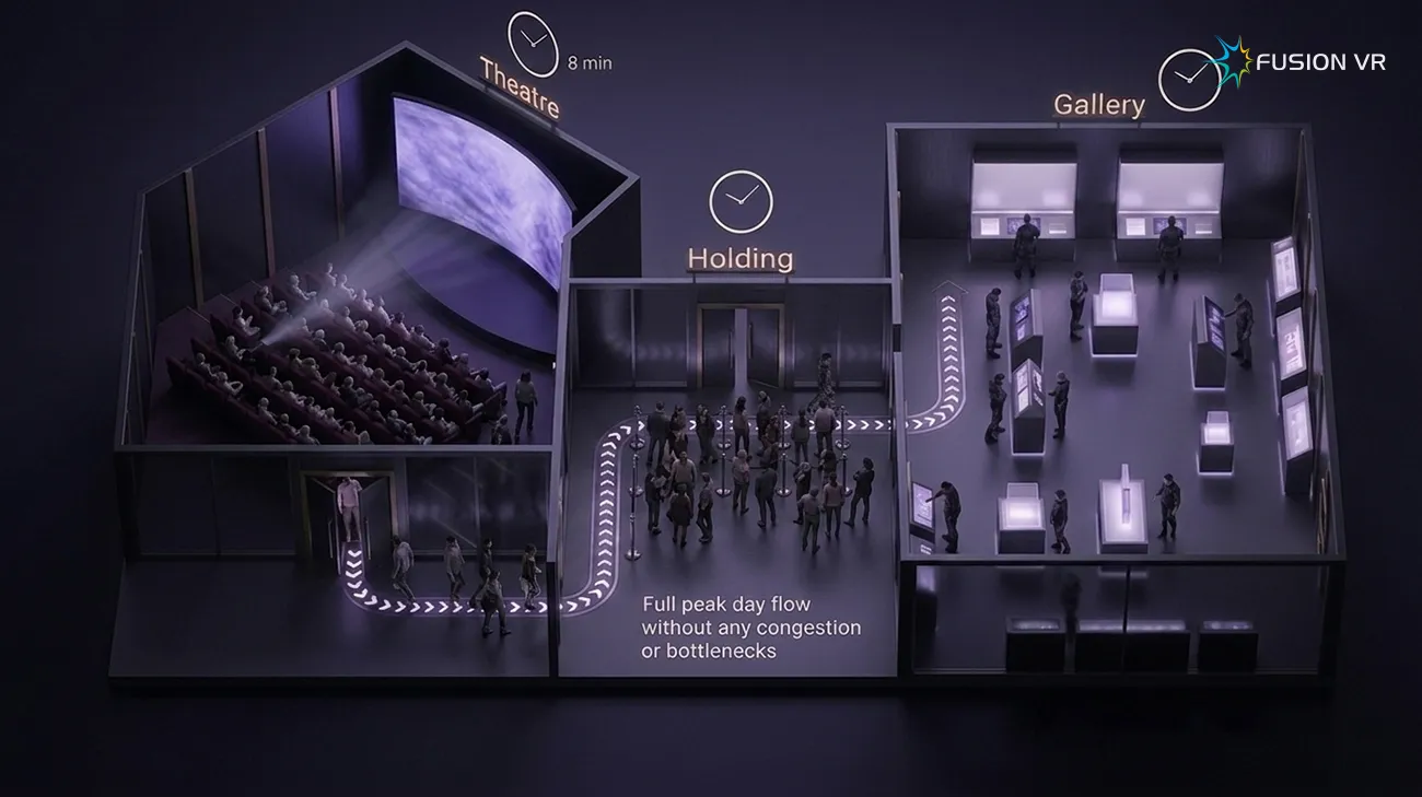 Theatre releasing its audience in a batch through holding into the gallery, full peak day flow without congestion