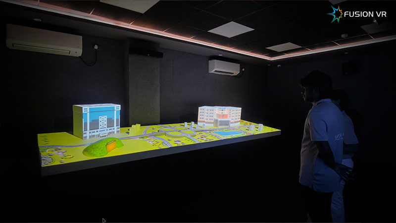 Blueprints of Growth indoor 3D projection mapping on a cityscape model