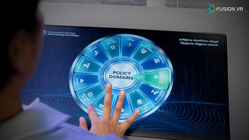 Wheels of Prosperity dial-operated kiosk exploring Tamil Nadu's development sectors