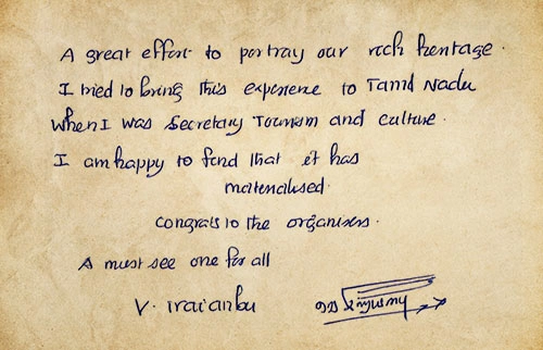 Handwritten visitor-book note by Dr. V. Irai Anbu IAS praising the Chronicles India 7DX show at Mahabalipuram