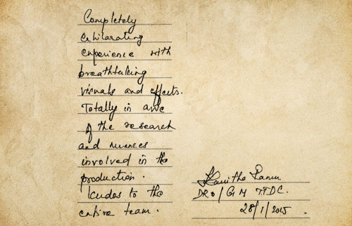 Handwritten visitor-book note by Kavitha Ramu IAS dated 28/1/2015 on the Chronicles India 7DX show