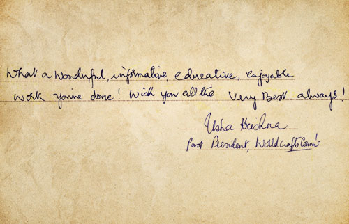 Handwritten note by Usha Krishna, Past President, World Crafts Council, on the Chronicles India 7DX show