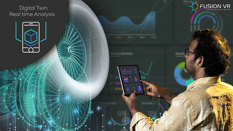 An industrial person analysing the digital twins performance in real time through the Augmented Reality (AR) - Mobile tablet