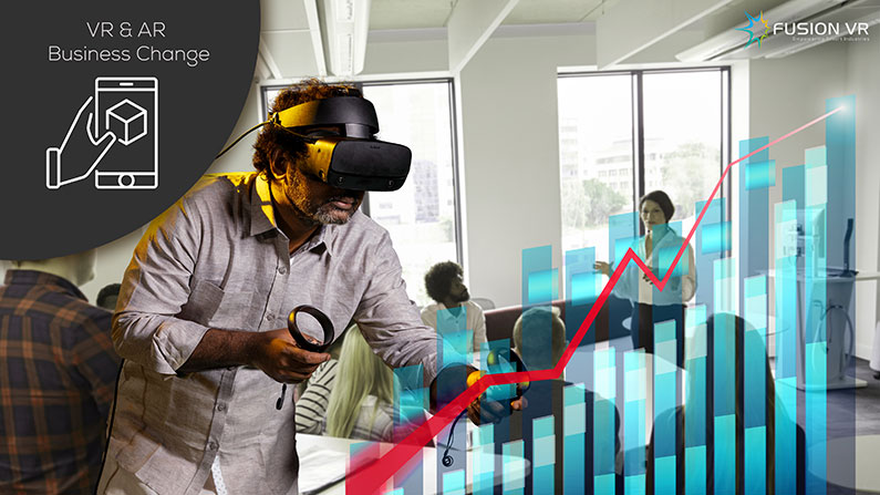 A business man checking the growth of trends in business by wearing the Virtual Reality (VR) Headset to improve the business.