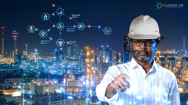 Oil and Gas technician wearing Augmented Reality (AR) headset inside refinery for plant operations and maintenance assistance