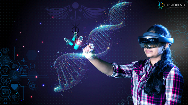 Life Sciences scientist visualising DNA and molecules using HoloLens Mixed Reality (MR) device for Pharma drug research