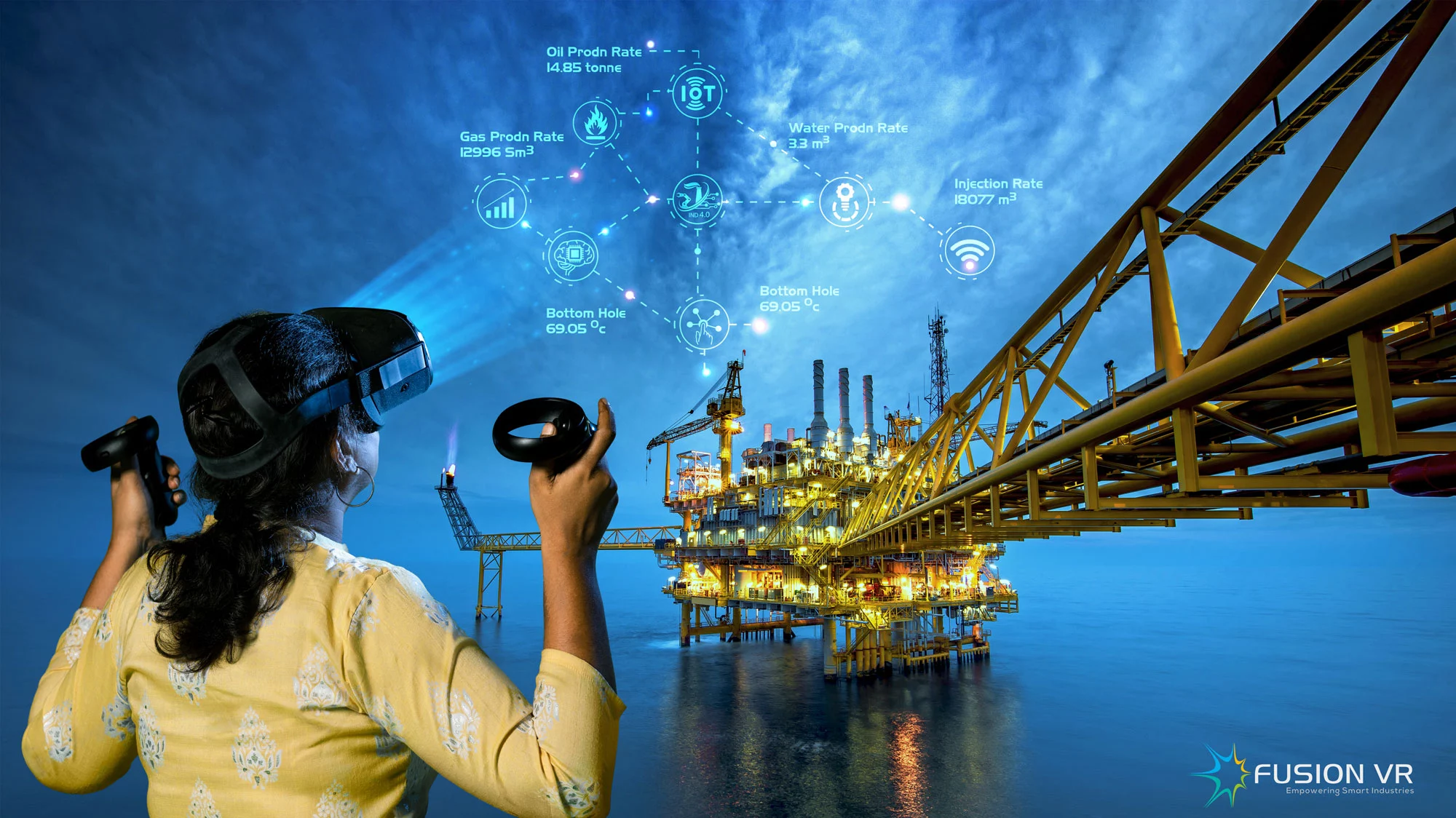 Oil & Gas Process operator wearing Virtual Reality (VR) headset and taking training for offshore oil rig operations