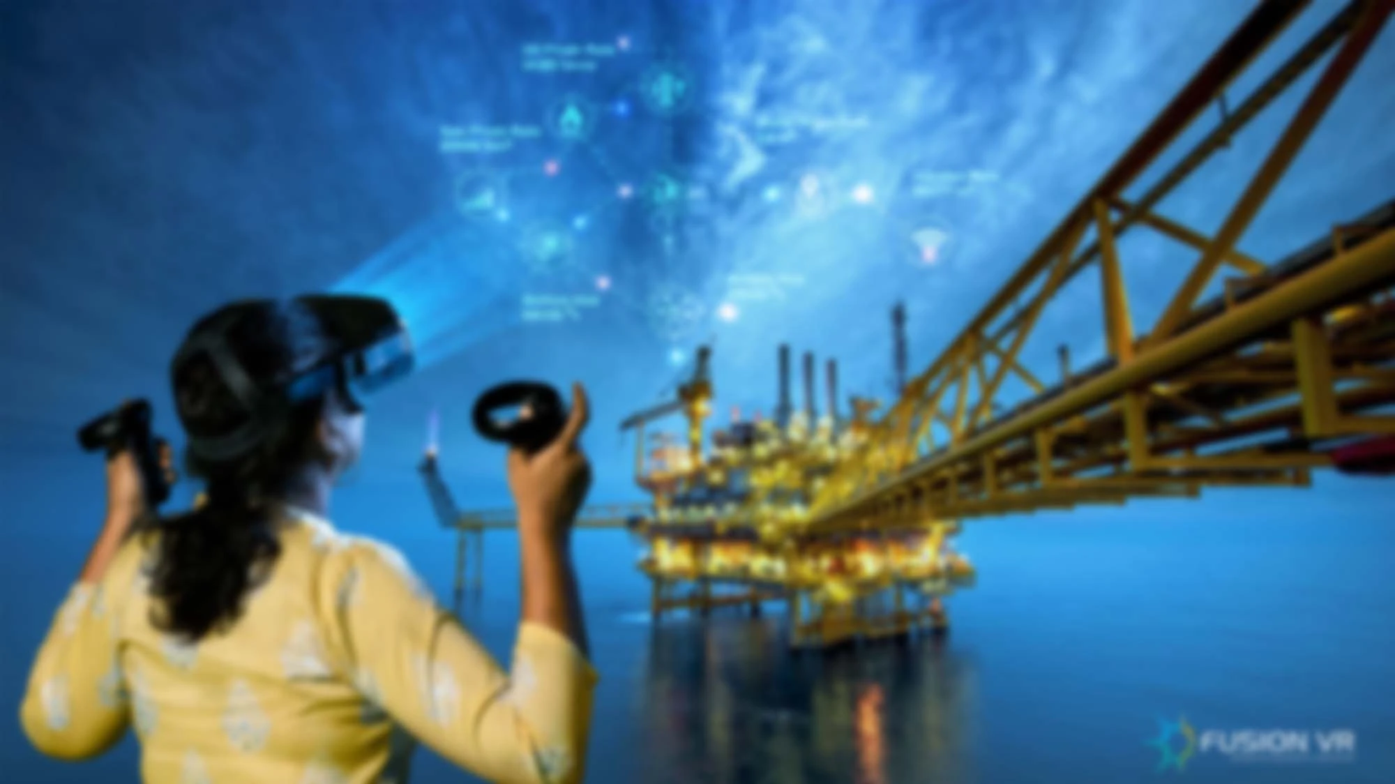 Oil& Gas Process operator wearing Virtual Reality (VR) headset and taking training for offshore oil rig operations